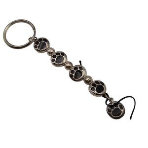Silver Hanging Pet Lover Dog Cat Paw Prints Looped Keychain Accessory 5"